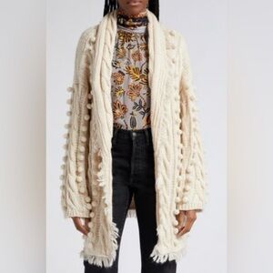 Farm Rio Braided Cable Tie-Waist Cardigan Sweater Cream Fringe Size Medium